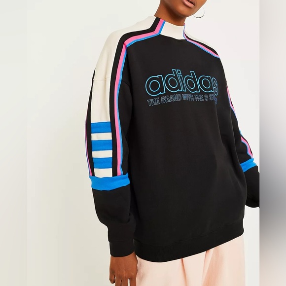 UO Adidas Originals Retro Mock Neck Colorblock Moto Racer Pullover Sweatshirt - Picture 1 of 16